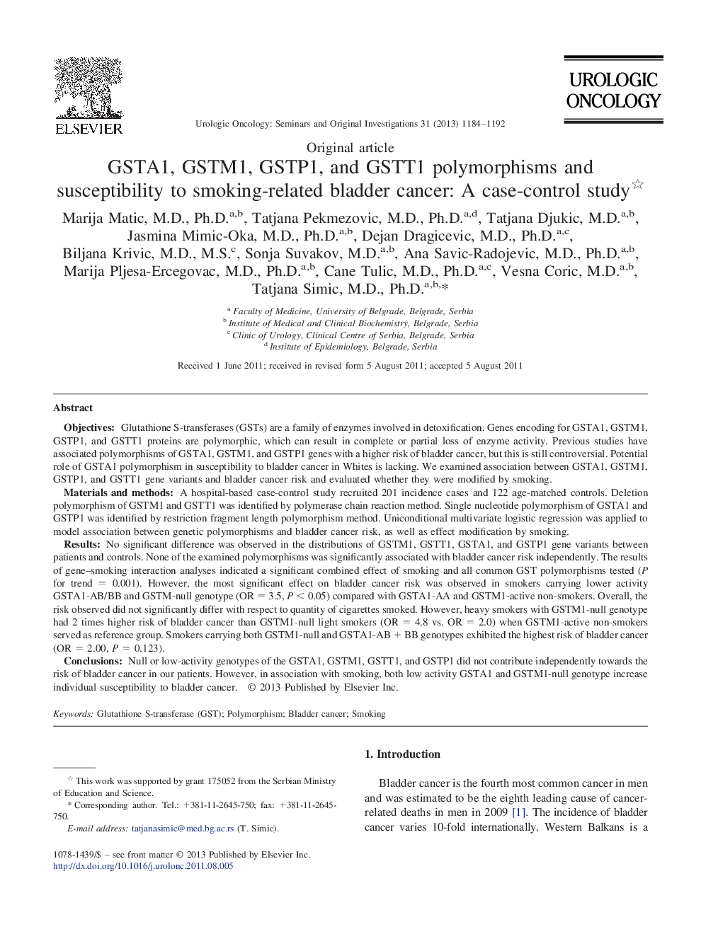 GSTA1, GSTM1, GSTP1, and GSTT1 polymorphisms and susceptibility to smoking-related bladder cancer: A case-control study 