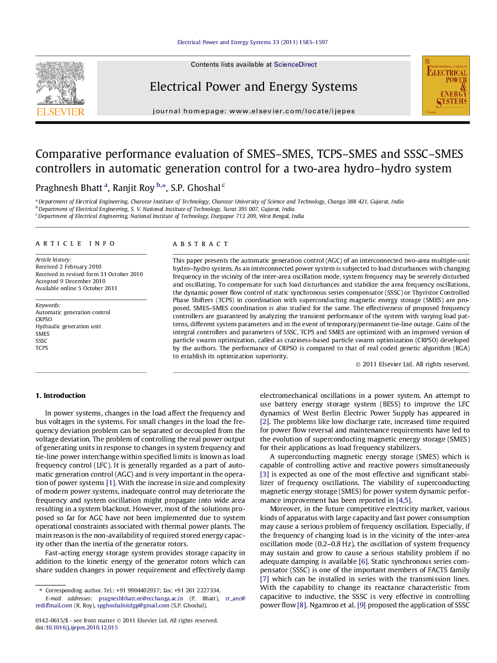 Comparative performance evaluation of SMES–SMES, TCPS–SMES and SSSC–SMES controllers in automatic generation control for a two-area hydro–hydro system