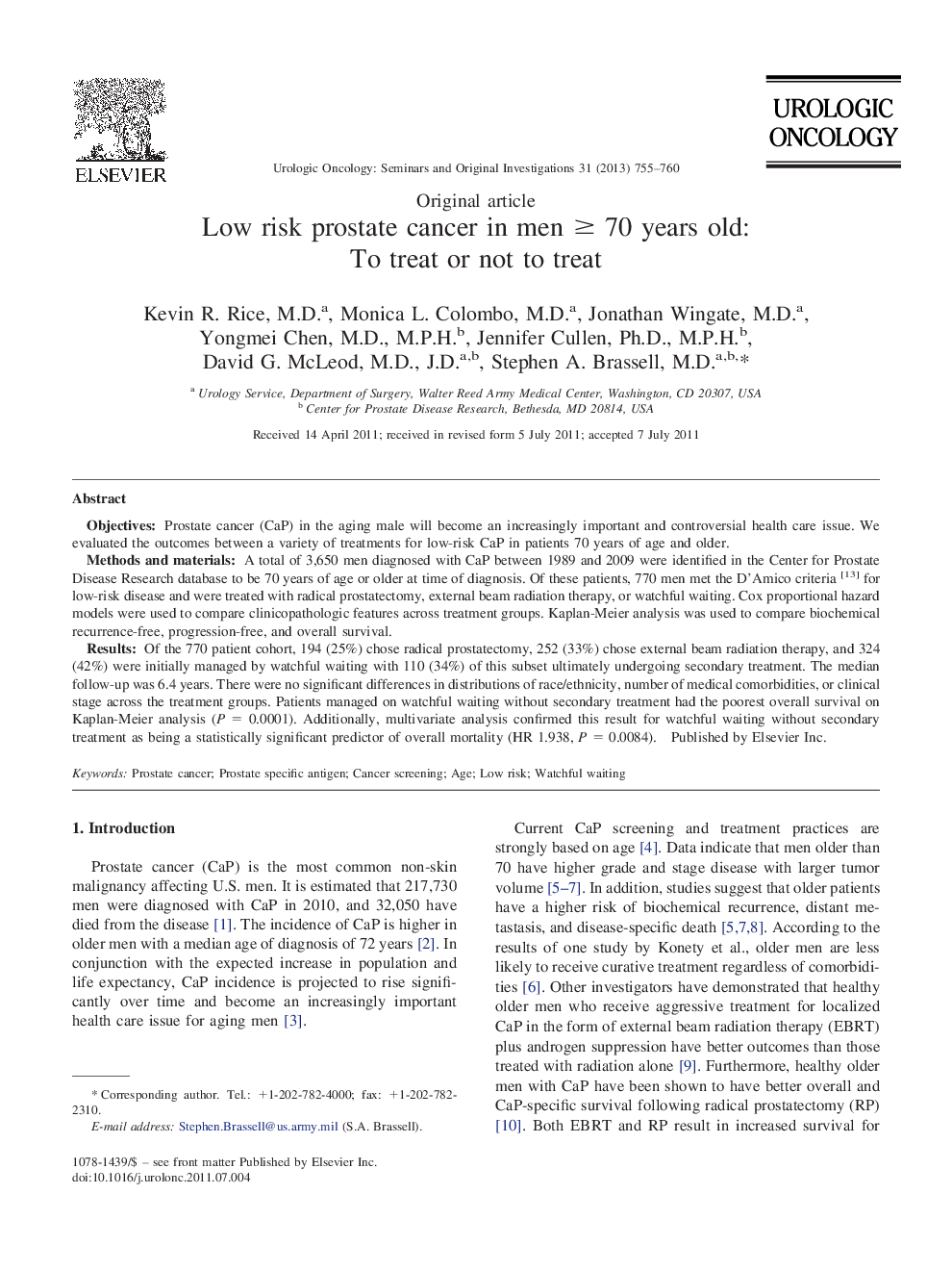 Low risk prostate cancer in men ≥ 70 years old: To treat or not to treat