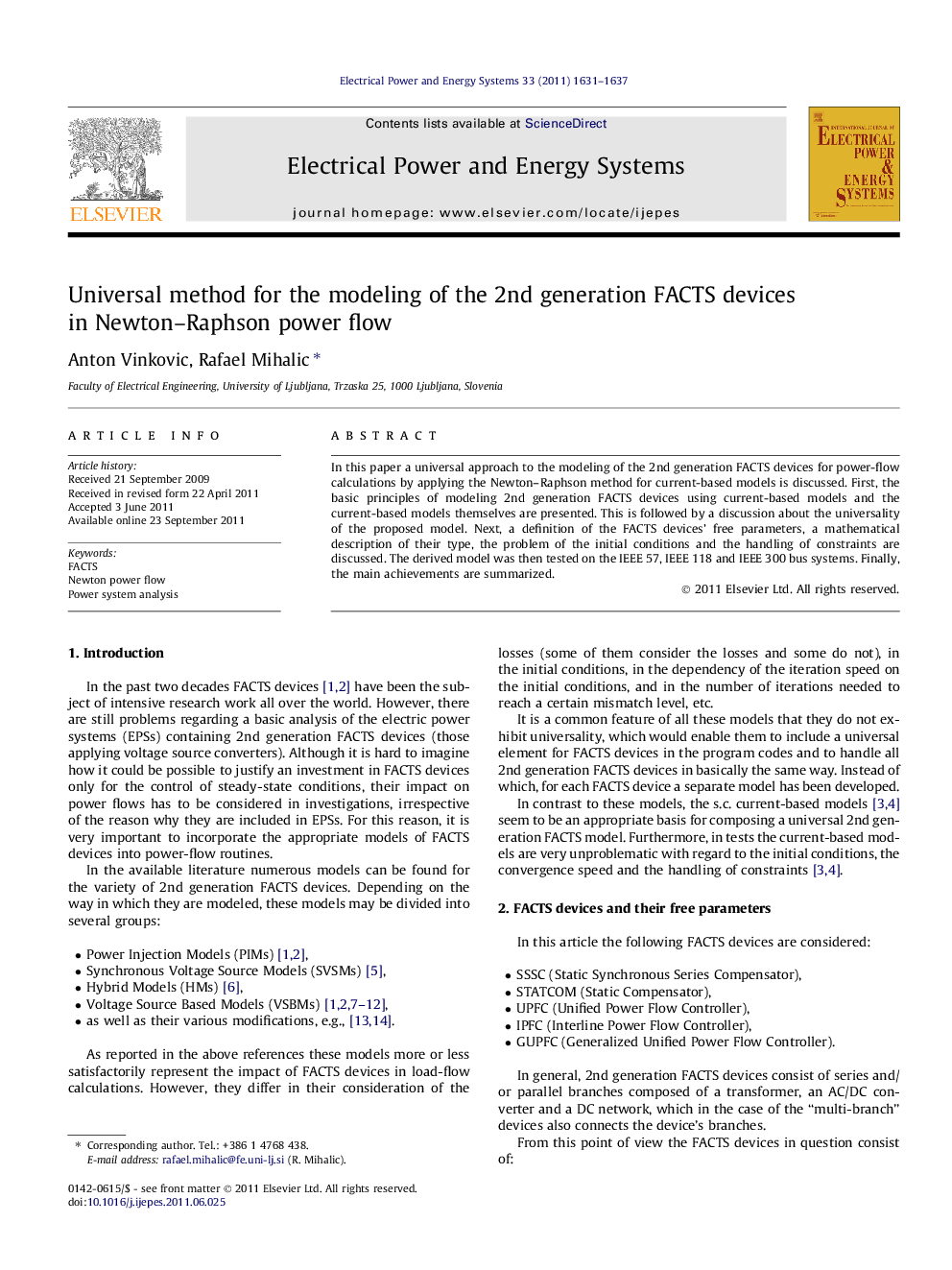 Universal method for the modeling of the 2nd generation FACTS devices in Newton–Raphson power flow