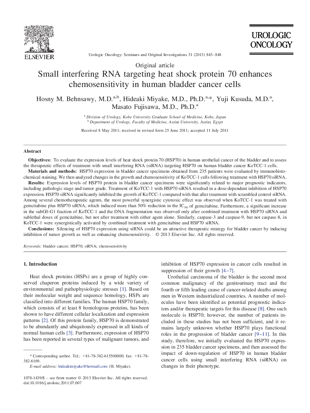 Small interfering RNA targeting heat shock protein 70 enhances chemosensitivity in human bladder cancer cells