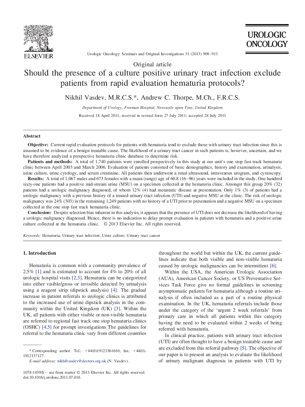 Should the presence of a culture positive urinary tract infection exclude patients from rapid evaluation hematuria protocols?