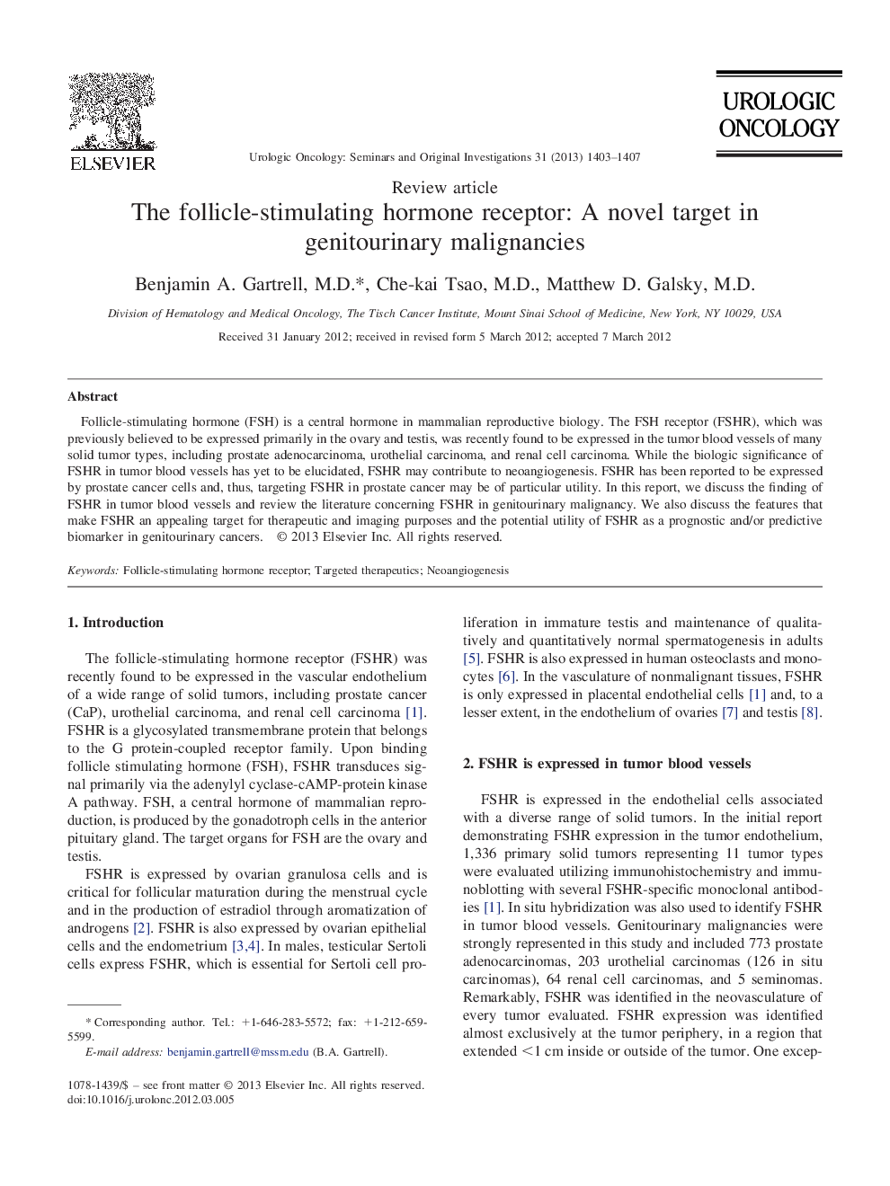 The follicle-stimulating hormone receptor: A novel target in genitourinary malignancies