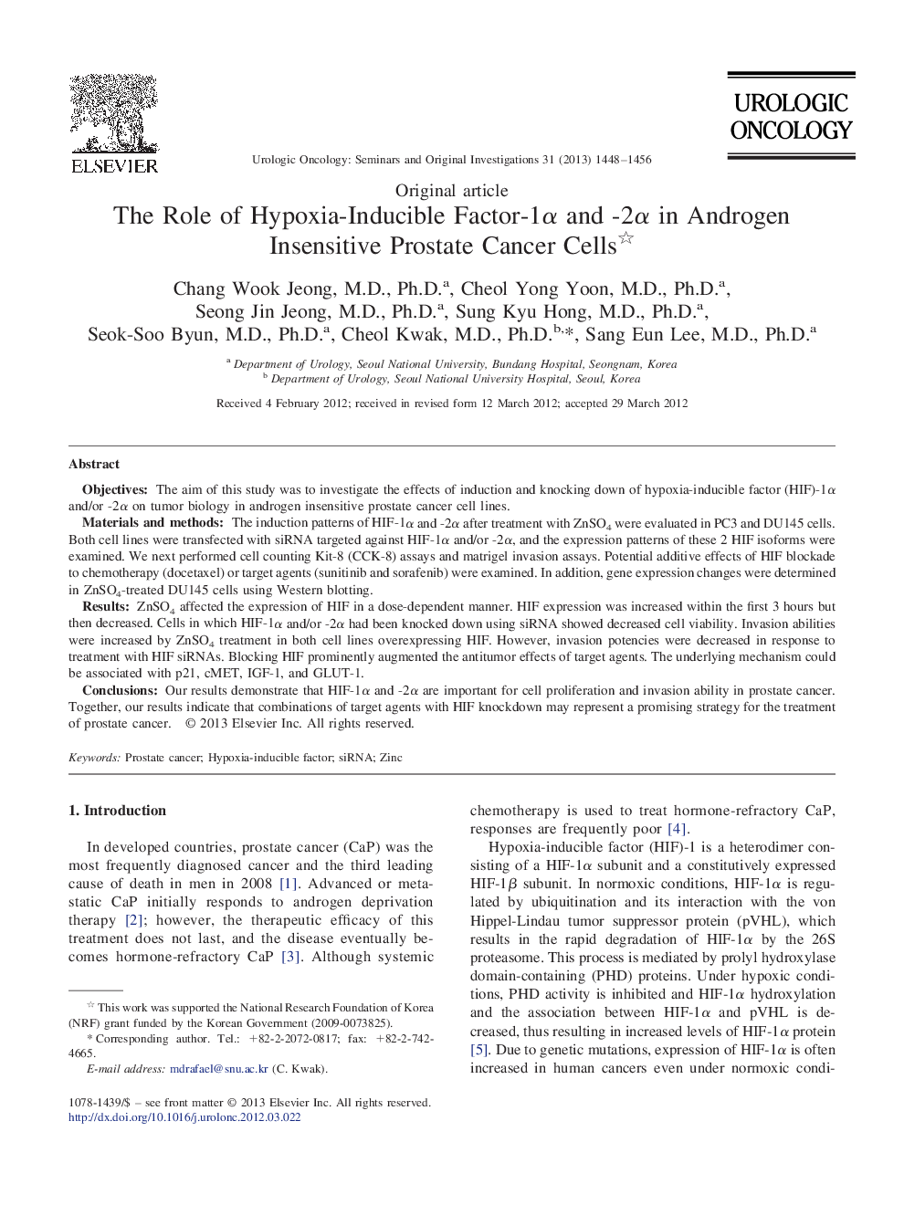 The Role of Hypoxia-Inducible Factor-1α and -2α in Androgen Insensitive Prostate Cancer Cells 