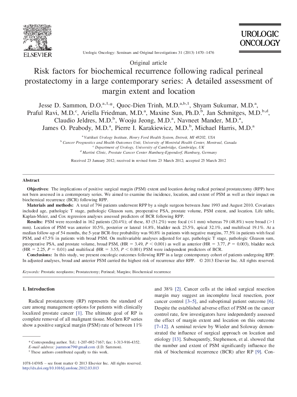 Risk factors for biochemical recurrence following radical perineal prostatectomy in a large contemporary series: A detailed assessment of margin extent and location