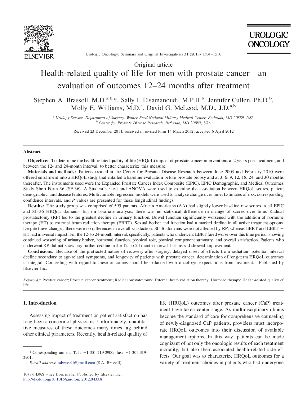 Health-related quality of life for men with prostate cancer—an evaluation of outcomes 12–24 months after treatment