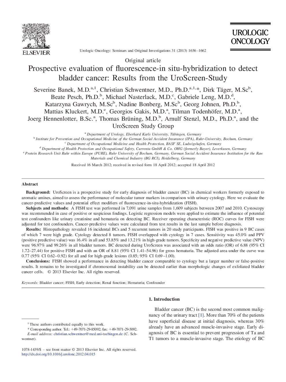 Prospective evaluation of fluorescence-in situ-hybridization to detect bladder cancer: Results from the UroScreen-Study