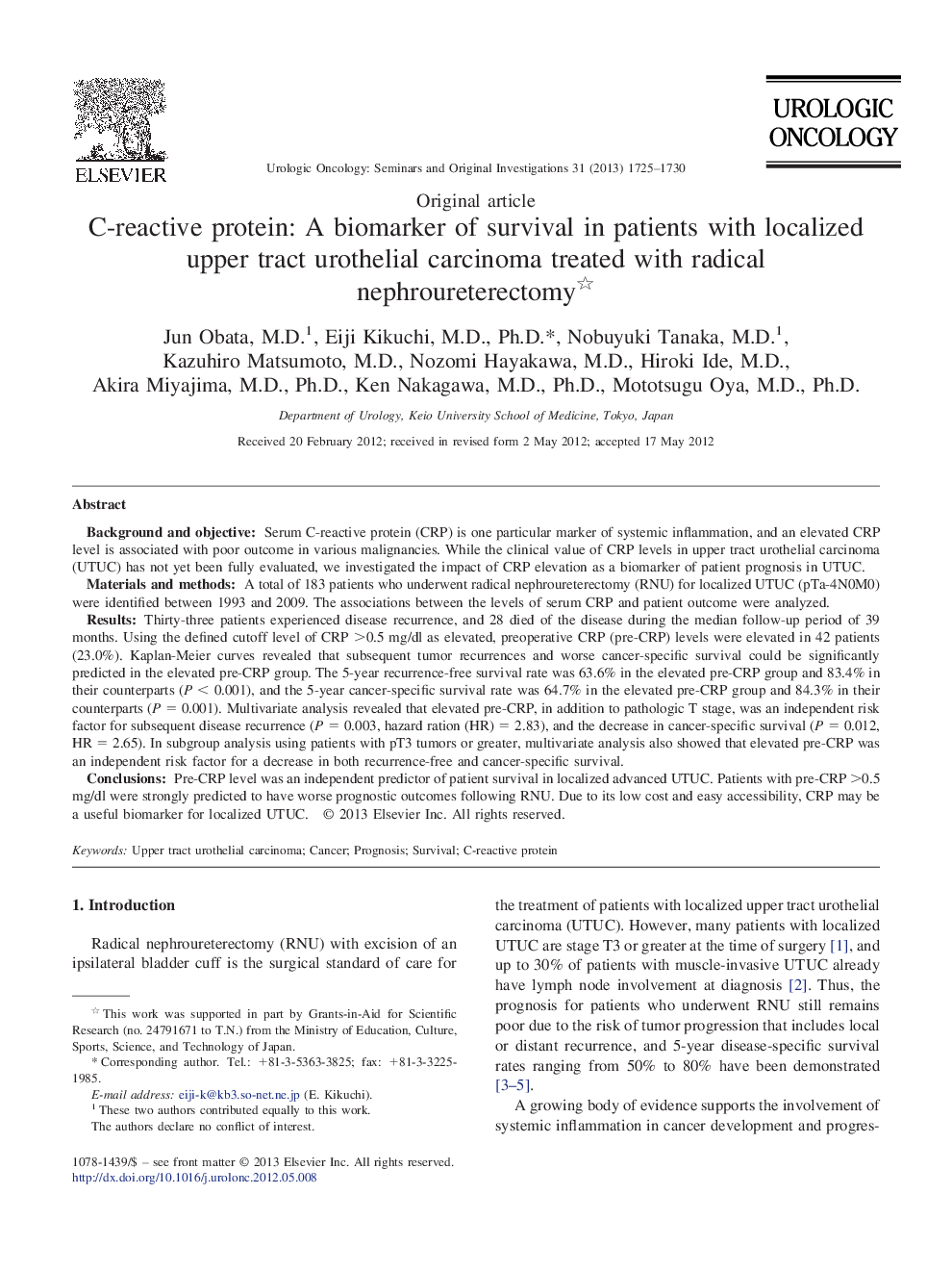 C-reactive protein: A biomarker of survival in patients with localized upper tract urothelial carcinoma treated with radical nephroureterectomy 