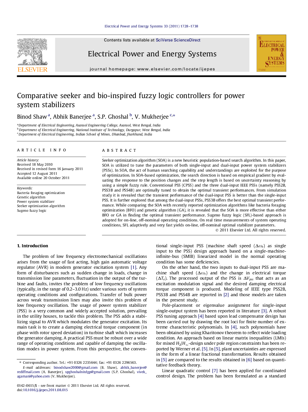 عکس صفحه اول مقاله: Comparative seeker and bio-inspired fuzzy logic controllers for power system stabilizers Comparative seeker and bio-inspired fuzzy logic controllers for power system stabilizers