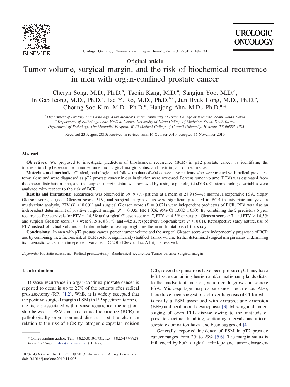 Tumor volume, surgical margin, and the risk of biochemical recurrence in men with organ-confined prostate cancer