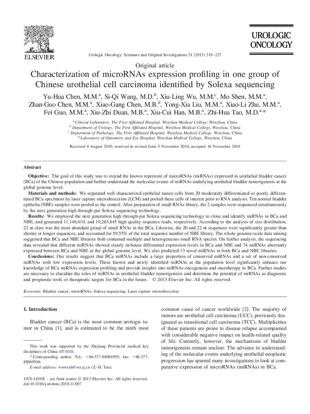 Characterization of microRNAs expression profiling in one group of Chinese urothelial cell carcinoma identified by Solexa sequencing 