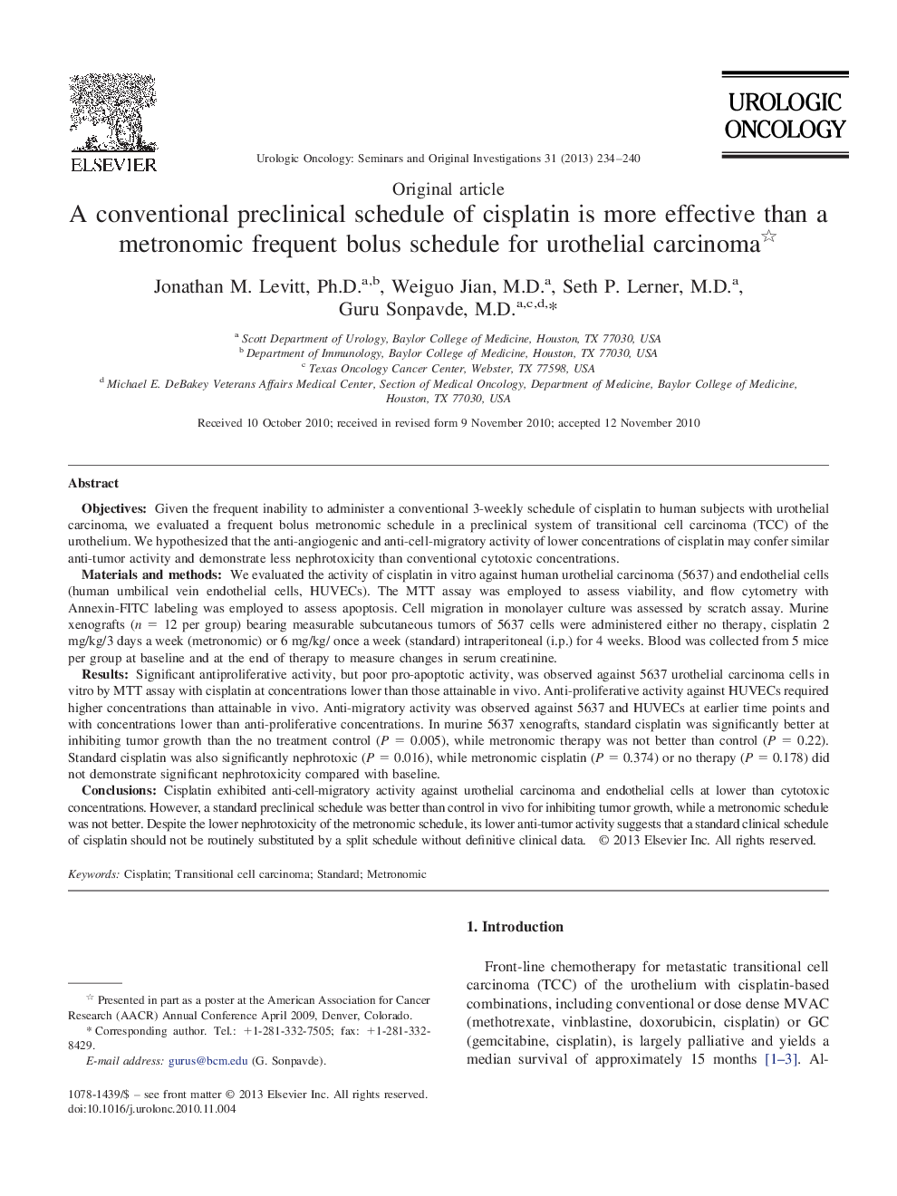 A conventional preclinical schedule of cisplatin is more effective than a metronomic frequent bolus schedule for urothelial carcinoma 