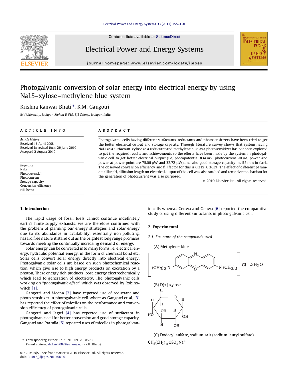 Photogalvanic conversion of solar energy into electrical energy by using NaLS–xylose–methylene blue system