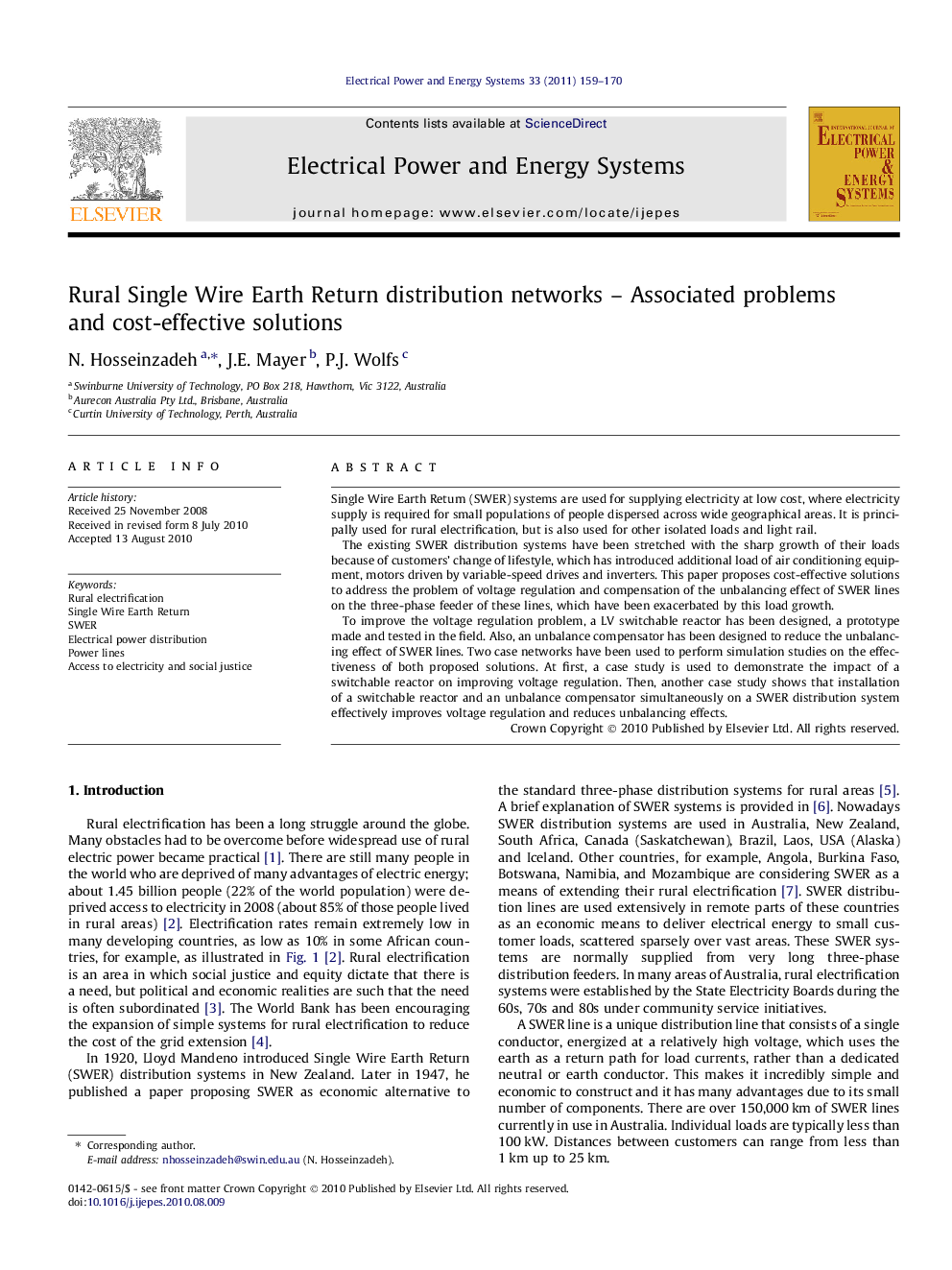 Rural Single Wire Earth Return distribution networks – Associated problems and cost-effective solutions