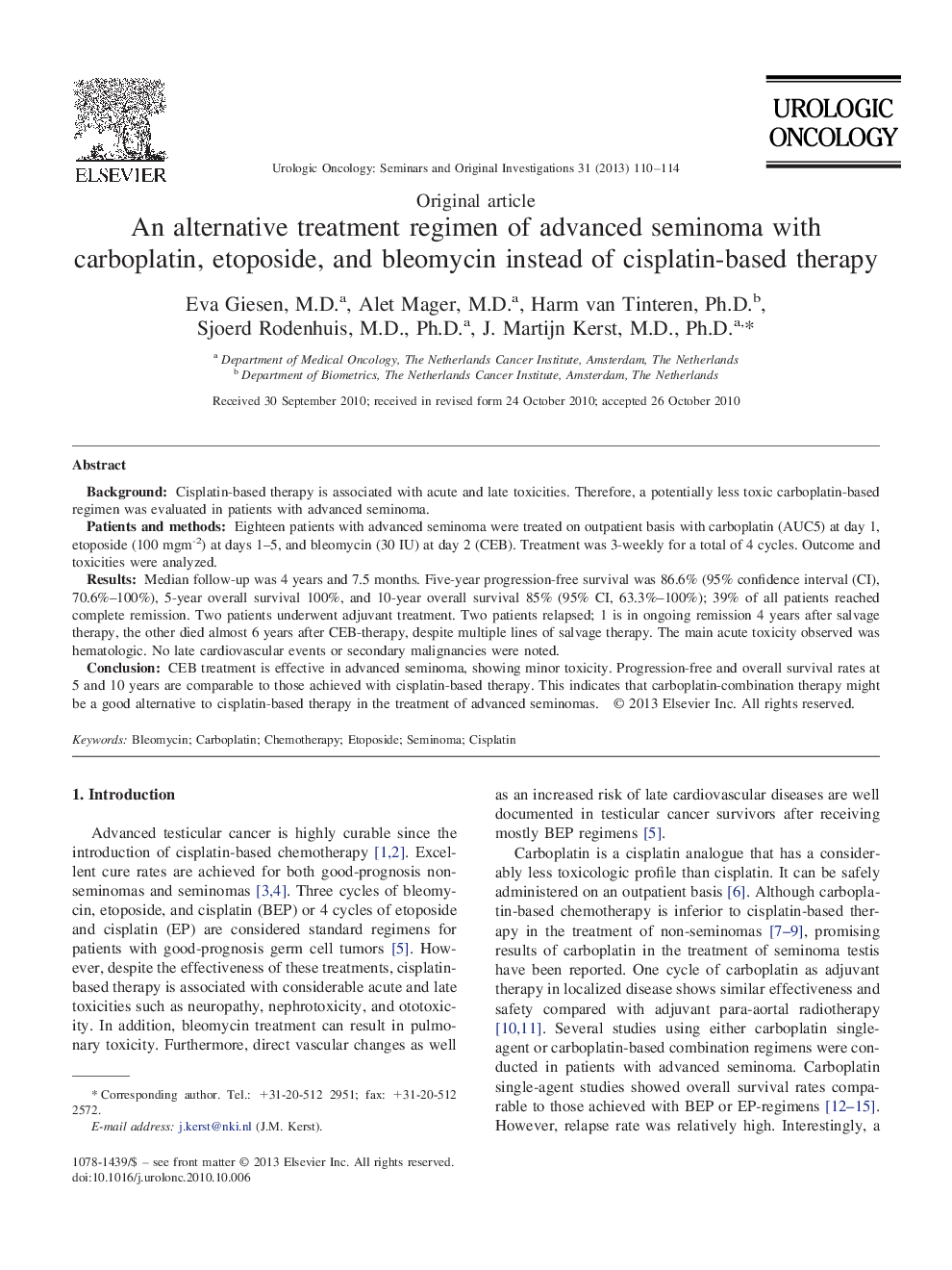 An alternative treatment regimen of advanced seminoma with carboplatin, etoposide, and bleomycin instead of cisplatin-based therapy