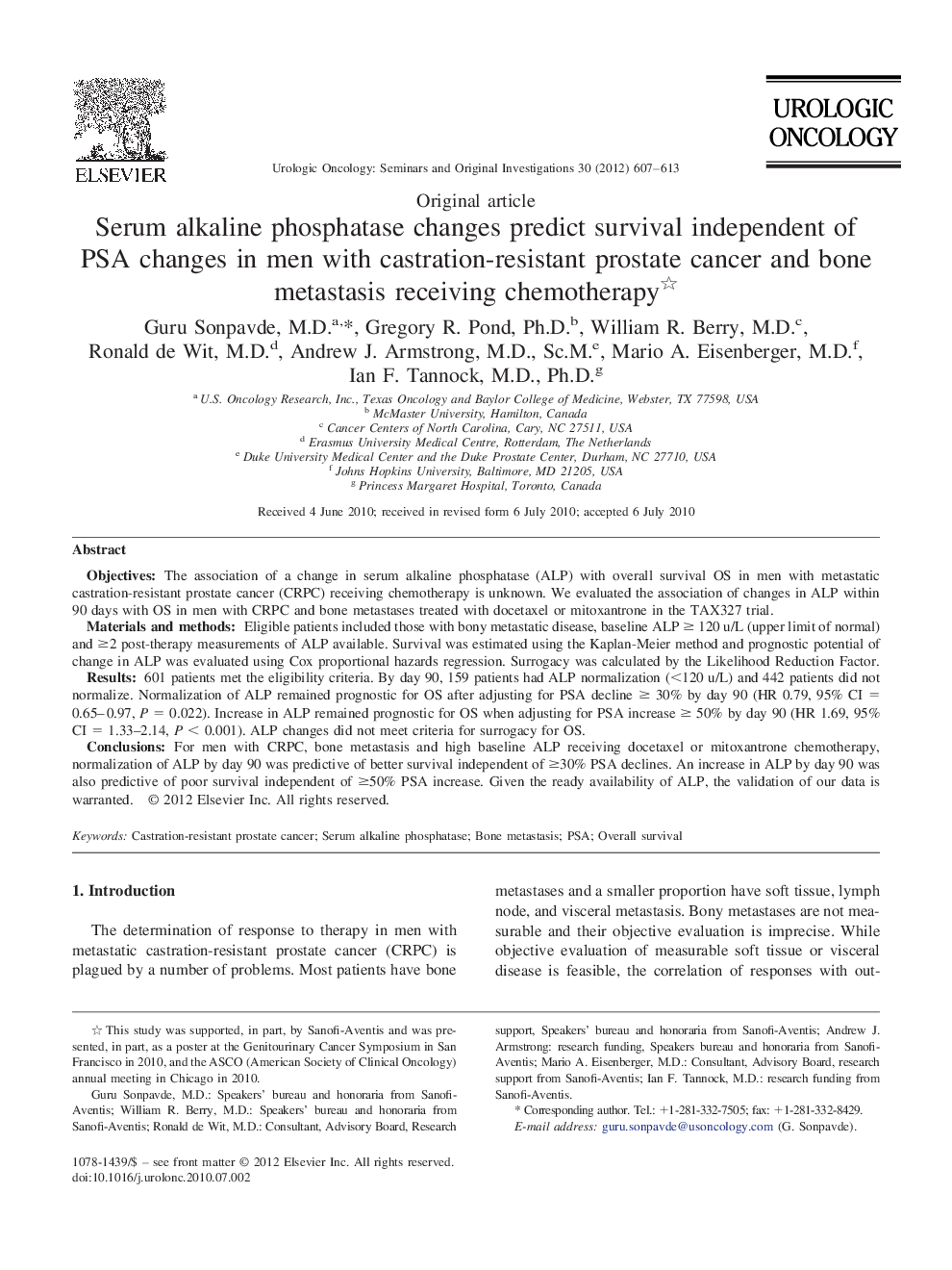 Serum alkaline phosphatase changes predict survival independent of PSA changes in men with castration-resistant prostate cancer and bone metastasis receiving chemotherapy 