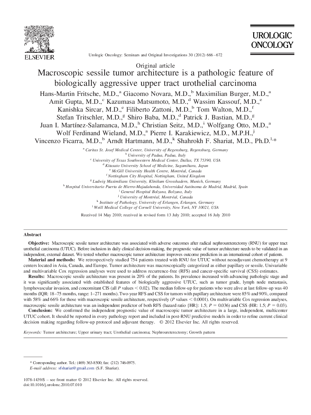 Macroscopic sessile tumor architecture is a pathologic feature of biologically aggressive upper tract urothelial carcinoma