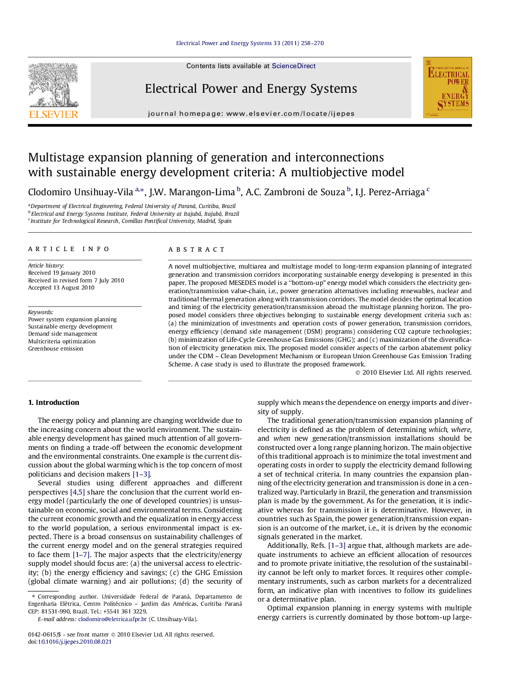 Multistage expansion planning of generation and interconnections with sustainable energy development criteria: A multiobjective model