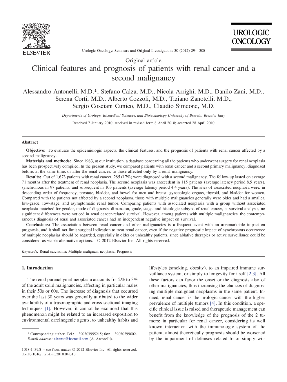 Clinical features and prognosis of patients with renal cancer and a second malignancy