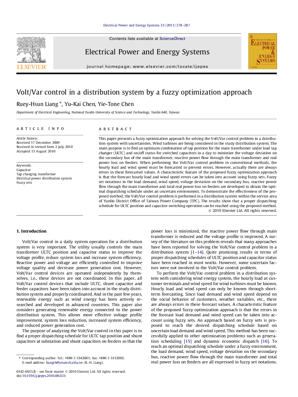 Volt/Var control in a distribution system by a fuzzy optimization approach