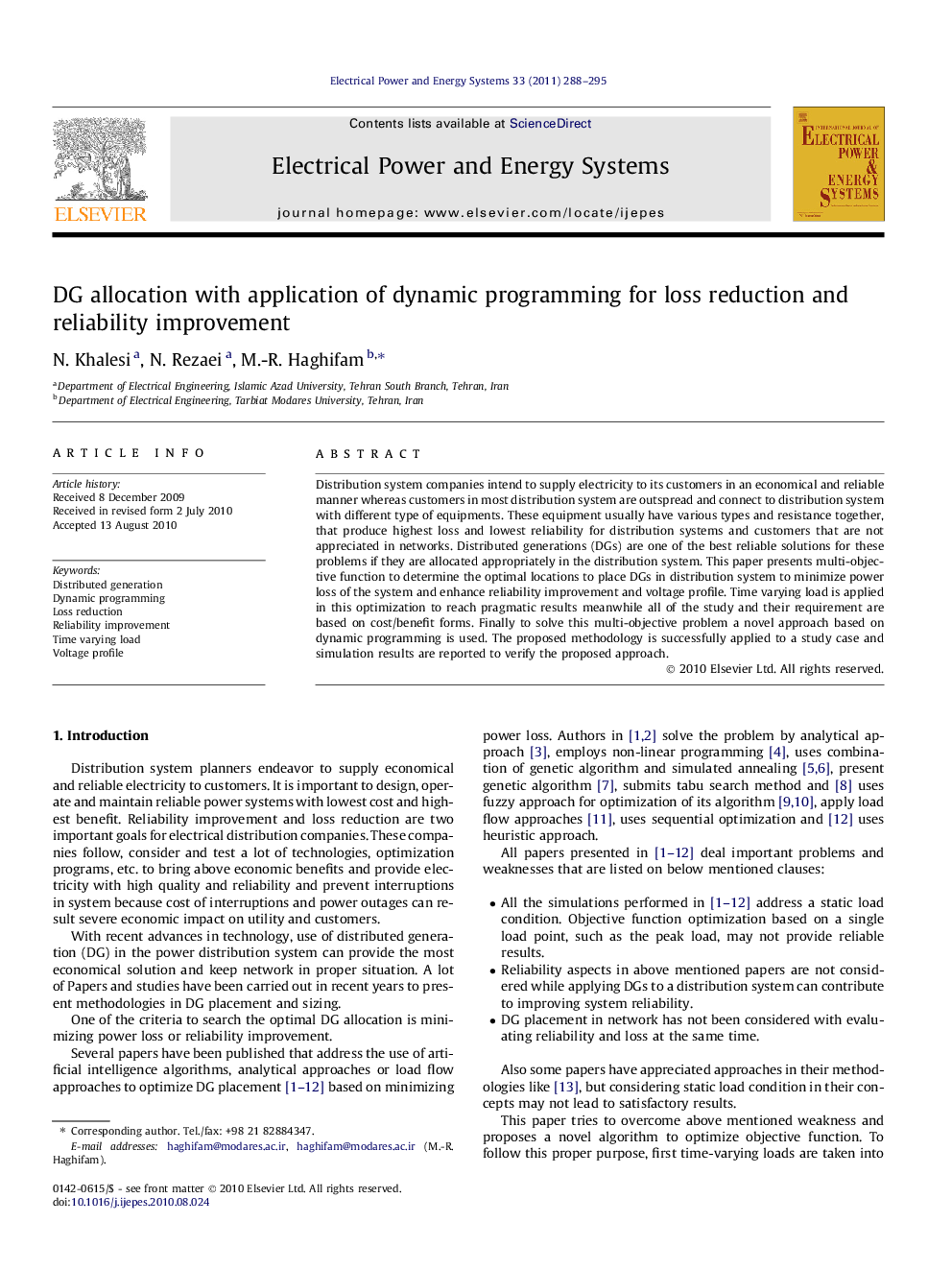 DG allocation with application of dynamic programming for loss reduction and reliability improvement