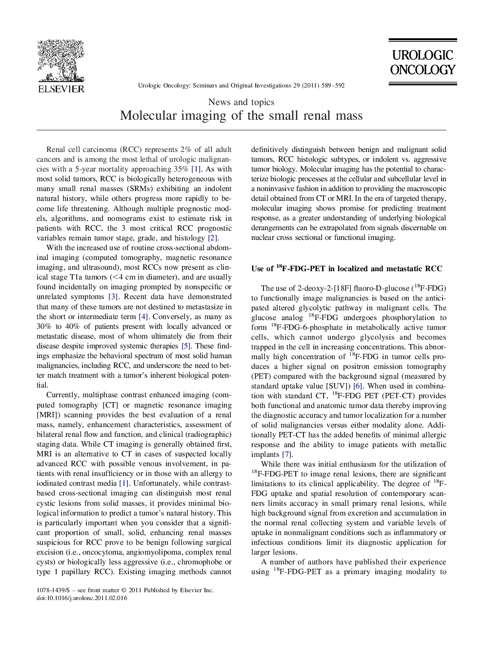 Molecular imaging of the small renal mass