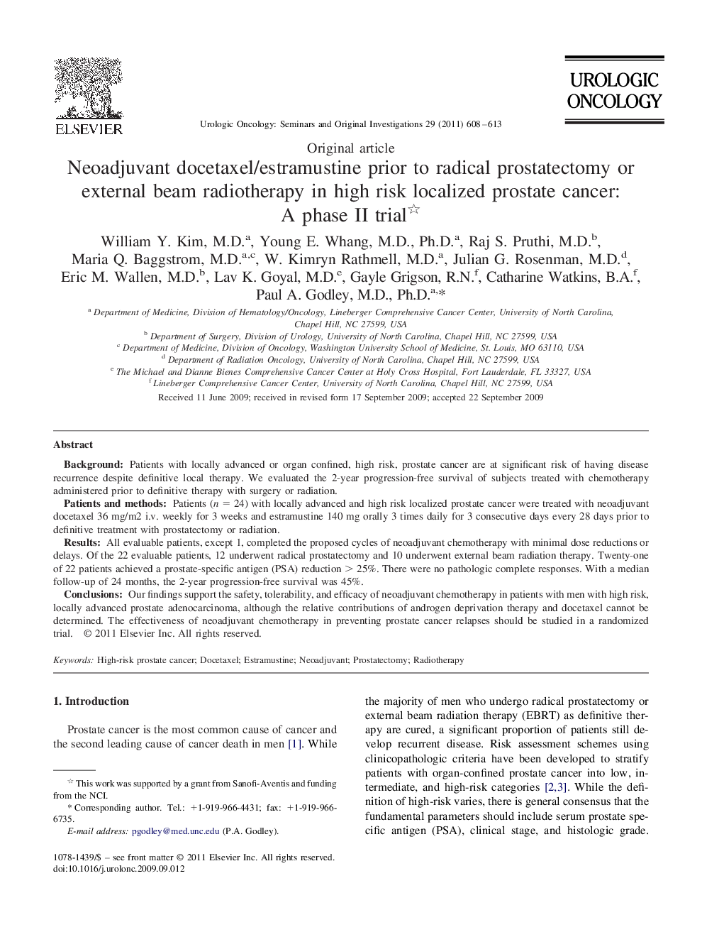 Neoadjuvant docetaxel/estramustine prior to radical prostatectomy or external beam radiotherapy in high risk localized prostate cancer: A phase II trial 