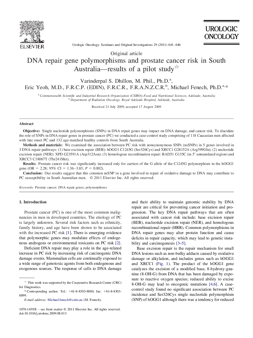 DNA repair gene polymorphisms and prostate cancer risk in South Australia—results of a pilot study 