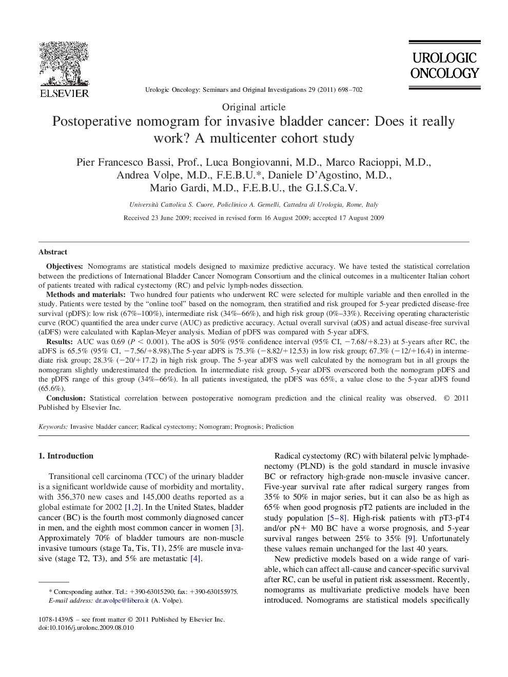 Postoperative nomogram for invasive bladder cancer: Does it really work? A multicenter cohort study