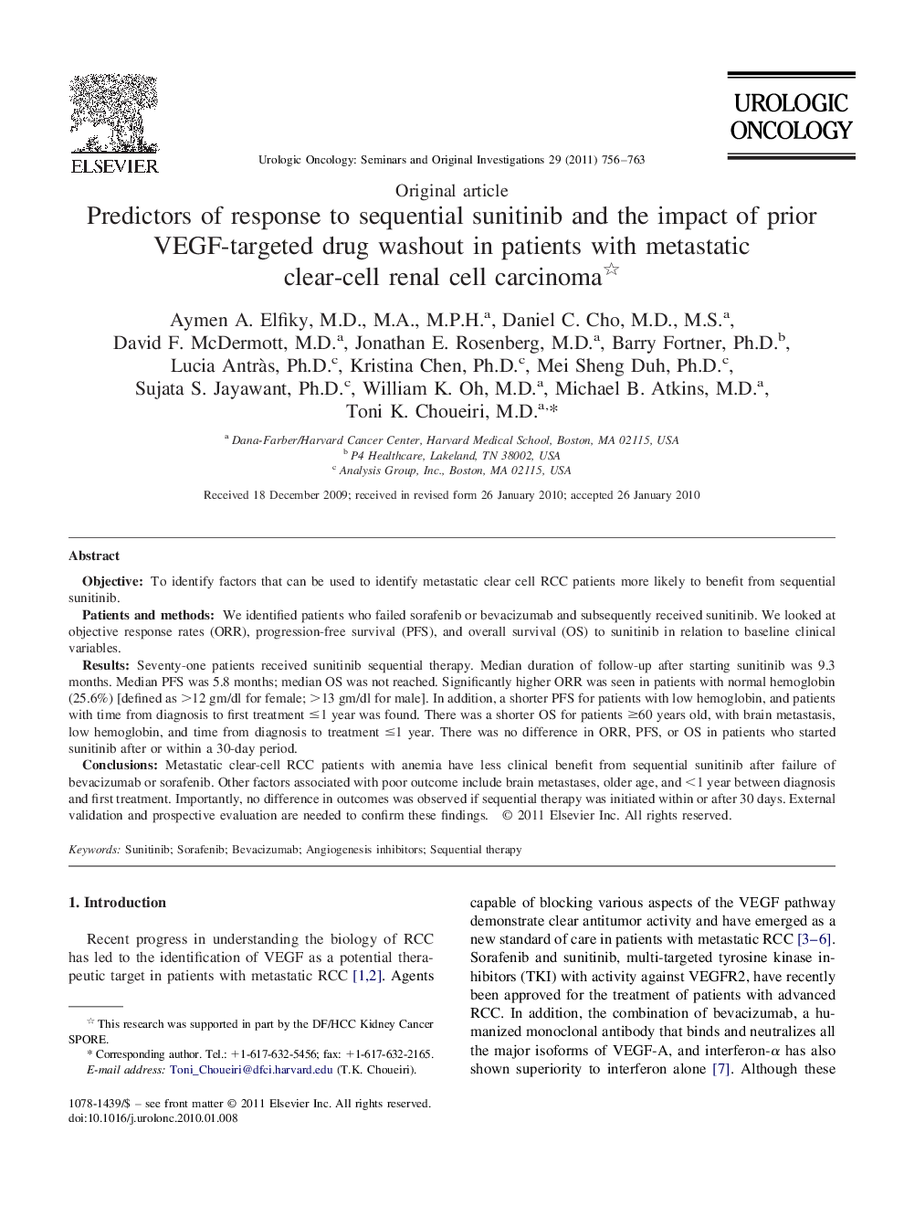 Predictors of response to sequential sunitinib and the impact of prior VEGF-targeted drug washout in patients with metastatic clear-cell renal cell carcinoma 