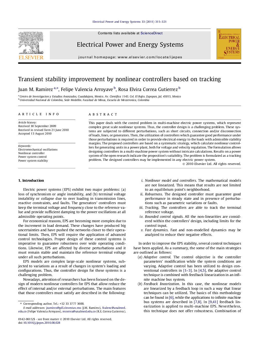 Transient stability improvement by nonlinear controllers based on tracking