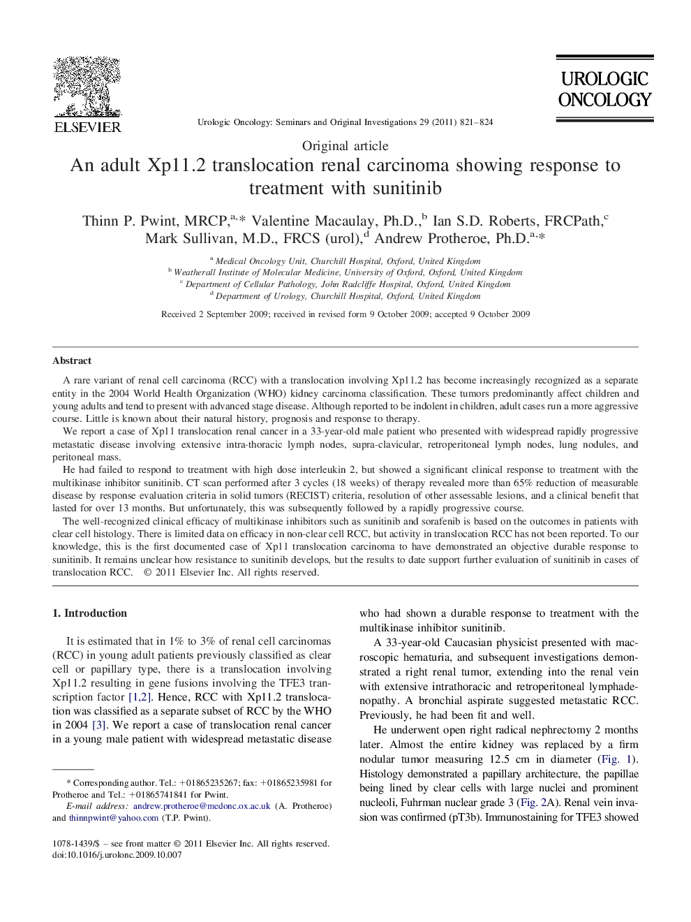 An adult Xp11.2 translocation renal carcinoma showing response to treatment with sunitinib