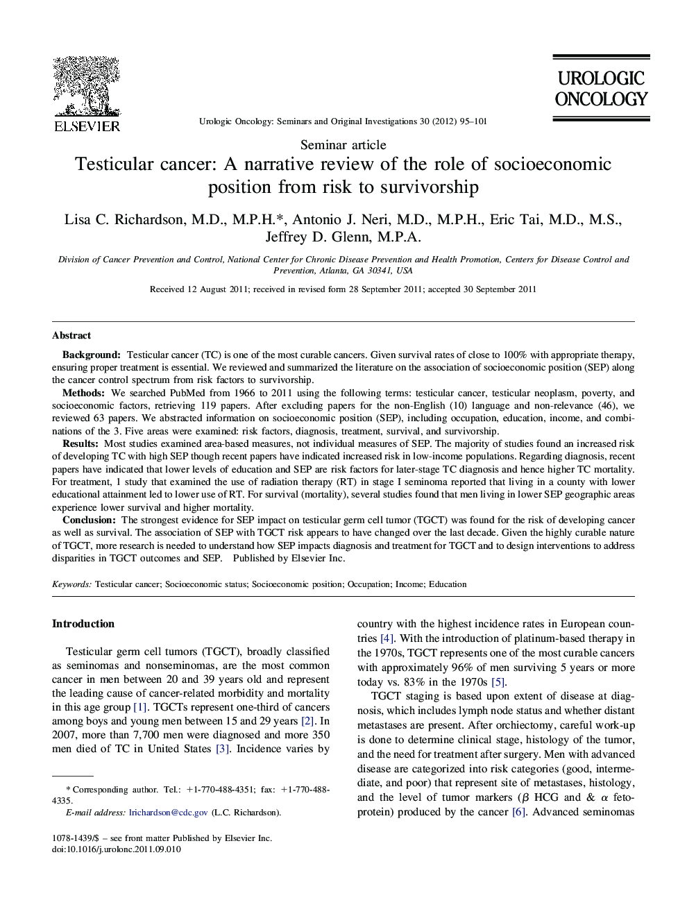 Testicular cancer: A narrative review of the role of socioeconomic position from risk to survivorship