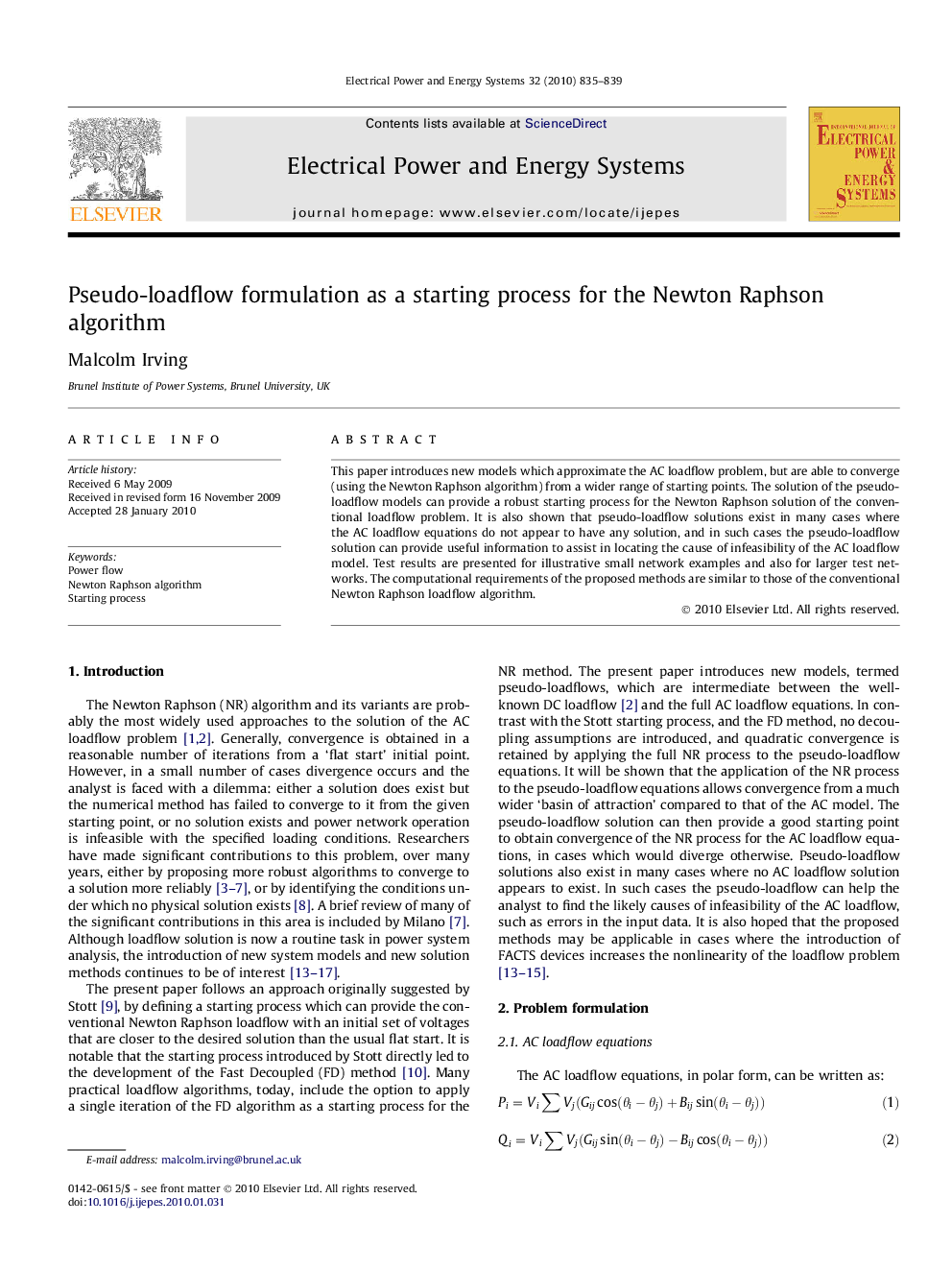 Pseudo-loadflow formulation as a starting process for the Newton Raphson algorithm