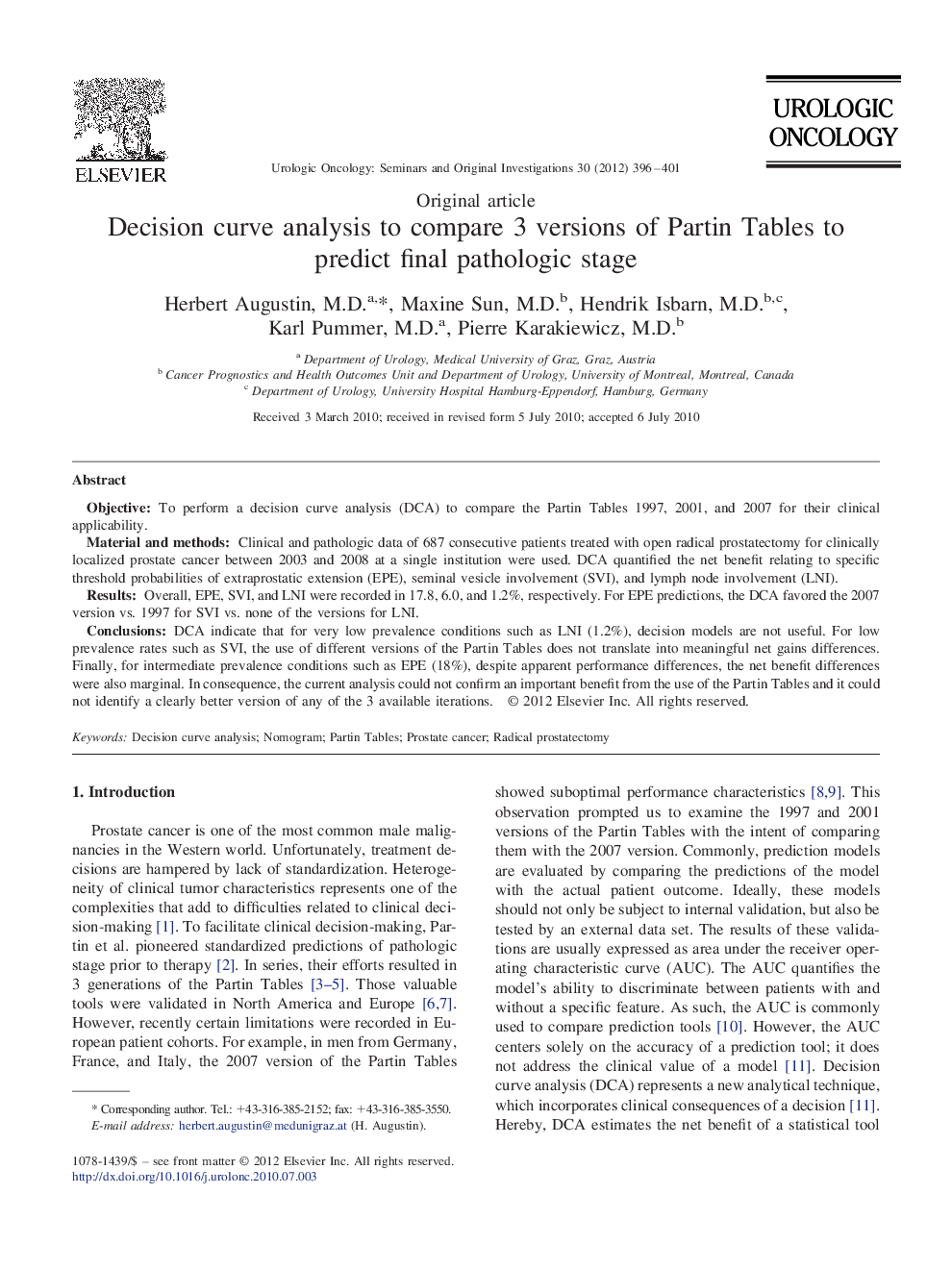 Decision curve analysis to compare 3 versions of Partin Tables to predict final pathologic stage