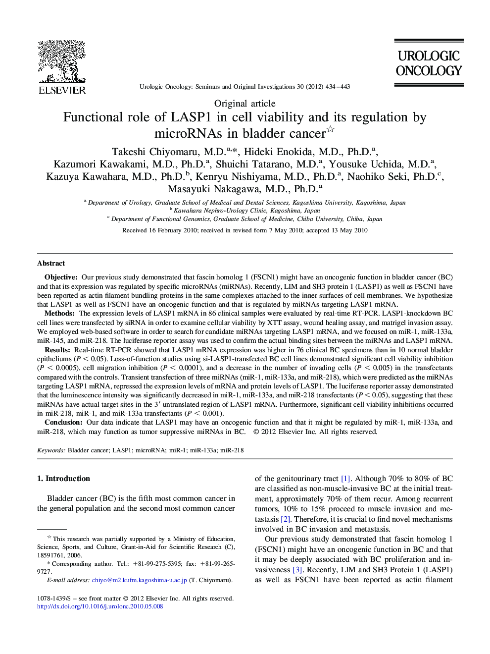 Functional role of LASP1 in cell viability and its regulation by microRNAs in bladder cancer 
