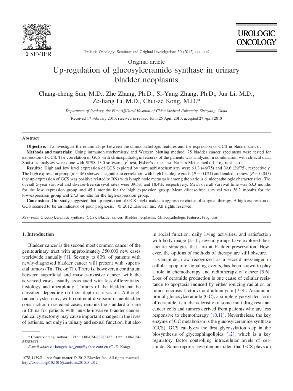 Up-regulation of glucosylceramide synthase in urinary bladder neoplasms