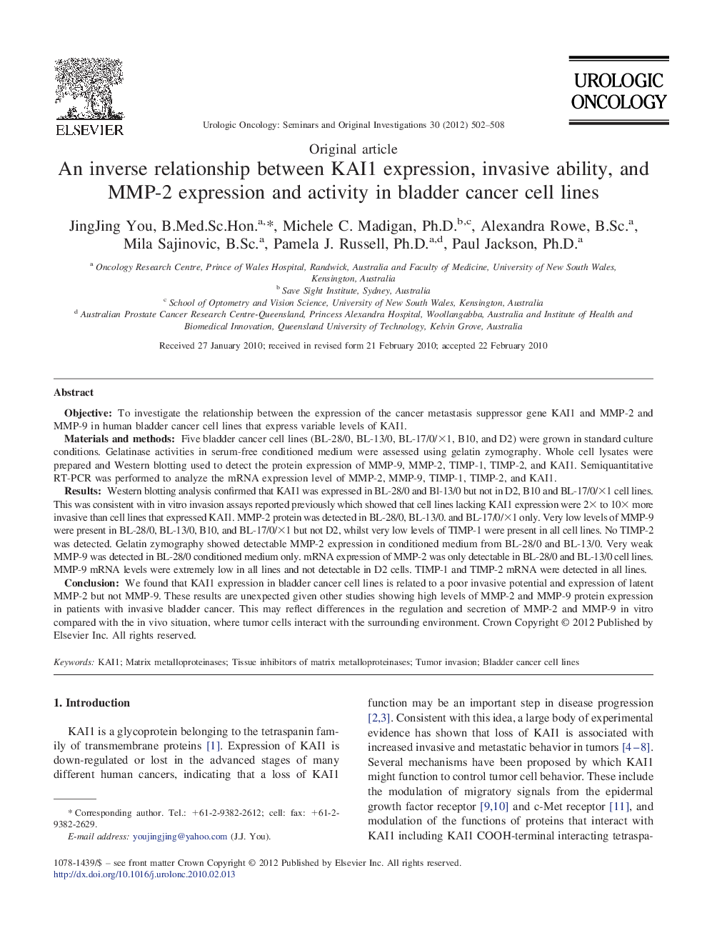 An inverse relationship between KAI1 expression, invasive ability, and MMP-2 expression and activity in bladder cancer cell lines