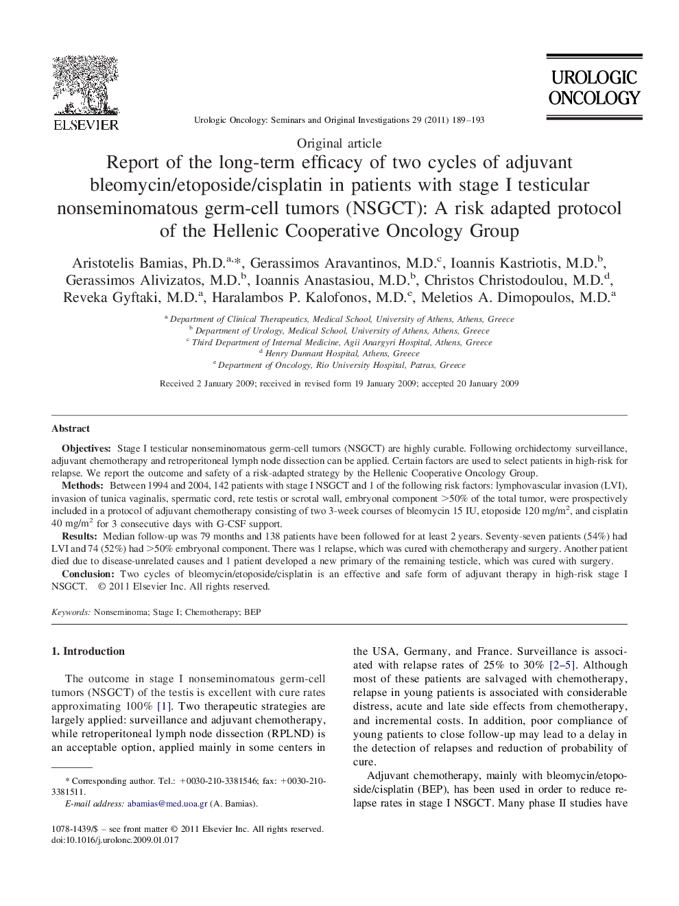 Report of the long-term efficacy of two cycles of adjuvant bleomycin/etoposide/cisplatin in patients with stage I testicular nonseminomatous germ-cell tumors (NSGCT): A risk adapted protocol of the Hellenic Cooperative Oncology Group