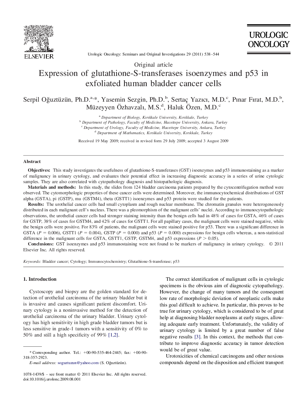 Expression of glutathione-S-transferases isoenzymes and p53 in exfoliated human bladder cancer cells