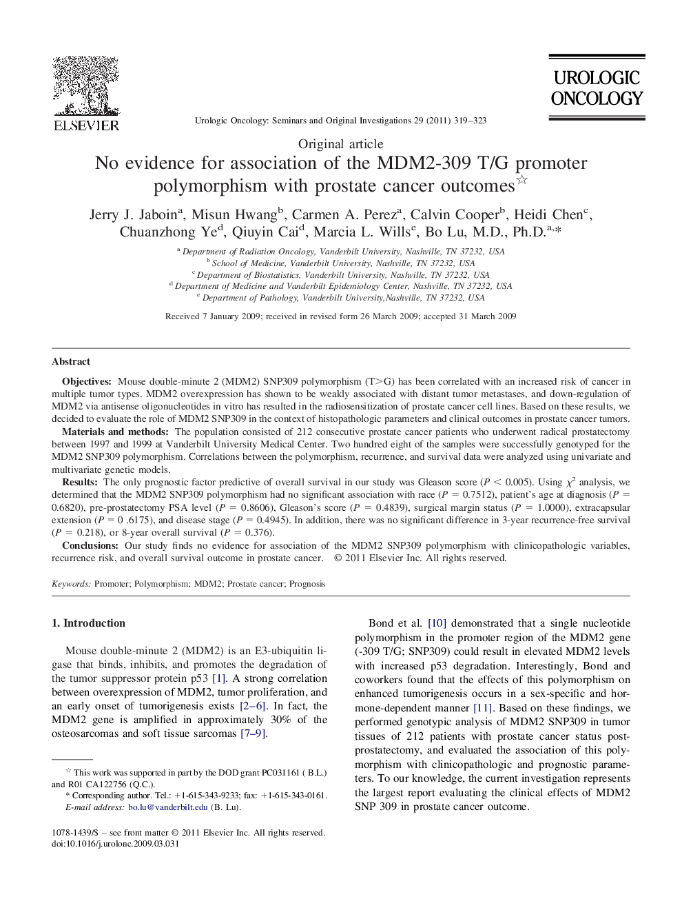 No evidence for association of the MDM2-309 T/G promoter polymorphism with prostate cancer outcomes 