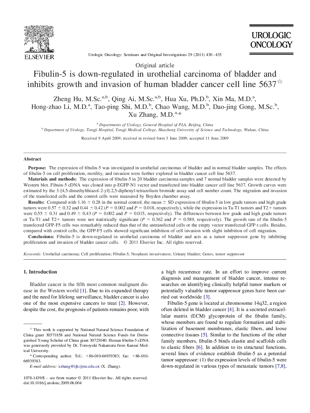 Fibulin-5 is down-regulated in urothelial carcinoma of bladder and inhibits growth and invasion of human bladder cancer cell line 5637 