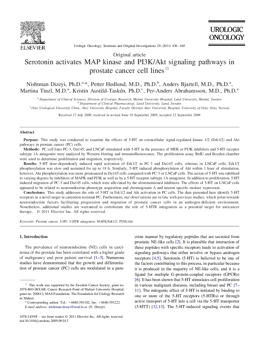 Serotonin activates MAP kinase and PI3K/Akt signaling pathways in prostate cancer cell lines 