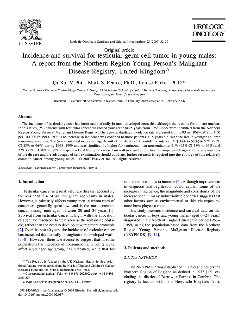 Incidence and survival for testicular germ cell tumor in young males: A report from the Northern Region Young Person's Malignant Disease Registry, United Kingdom