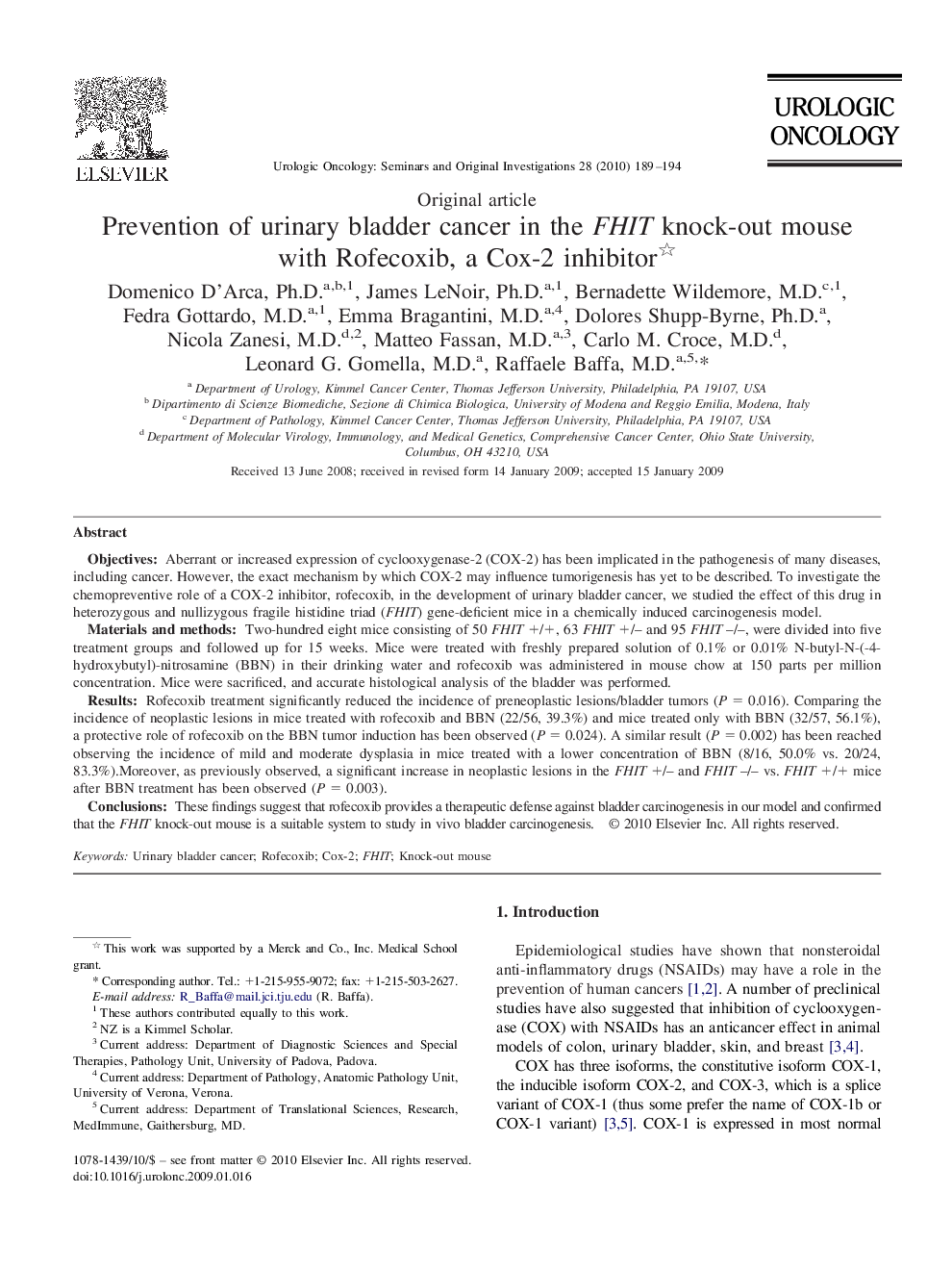 Prevention of urinary bladder cancer in the FHIT knock-out mouse with Rofecoxib, a Cox-2 inhibitor 