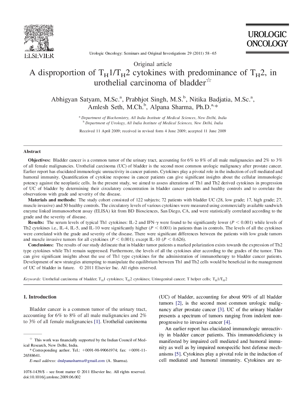 A disproportion of TH1/TH2 cytokines with predominance of TH2, in urothelial carcinoma of bladder 