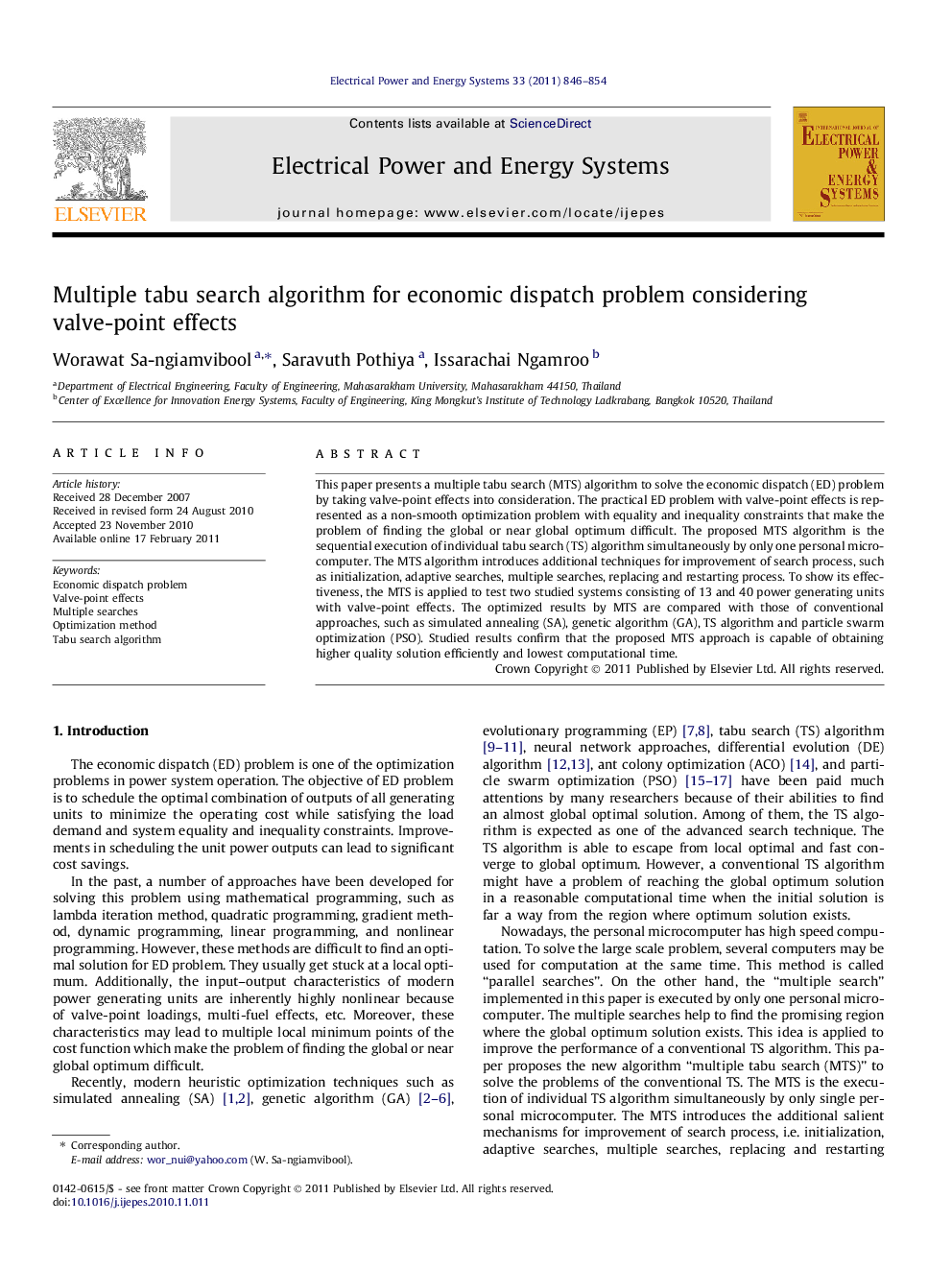 Multiple tabu search algorithm for economic dispatch problem considering valve-point effects