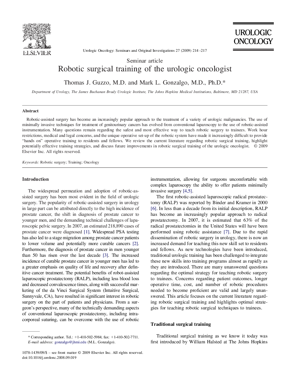 Robotic surgical training of the urologic oncologist