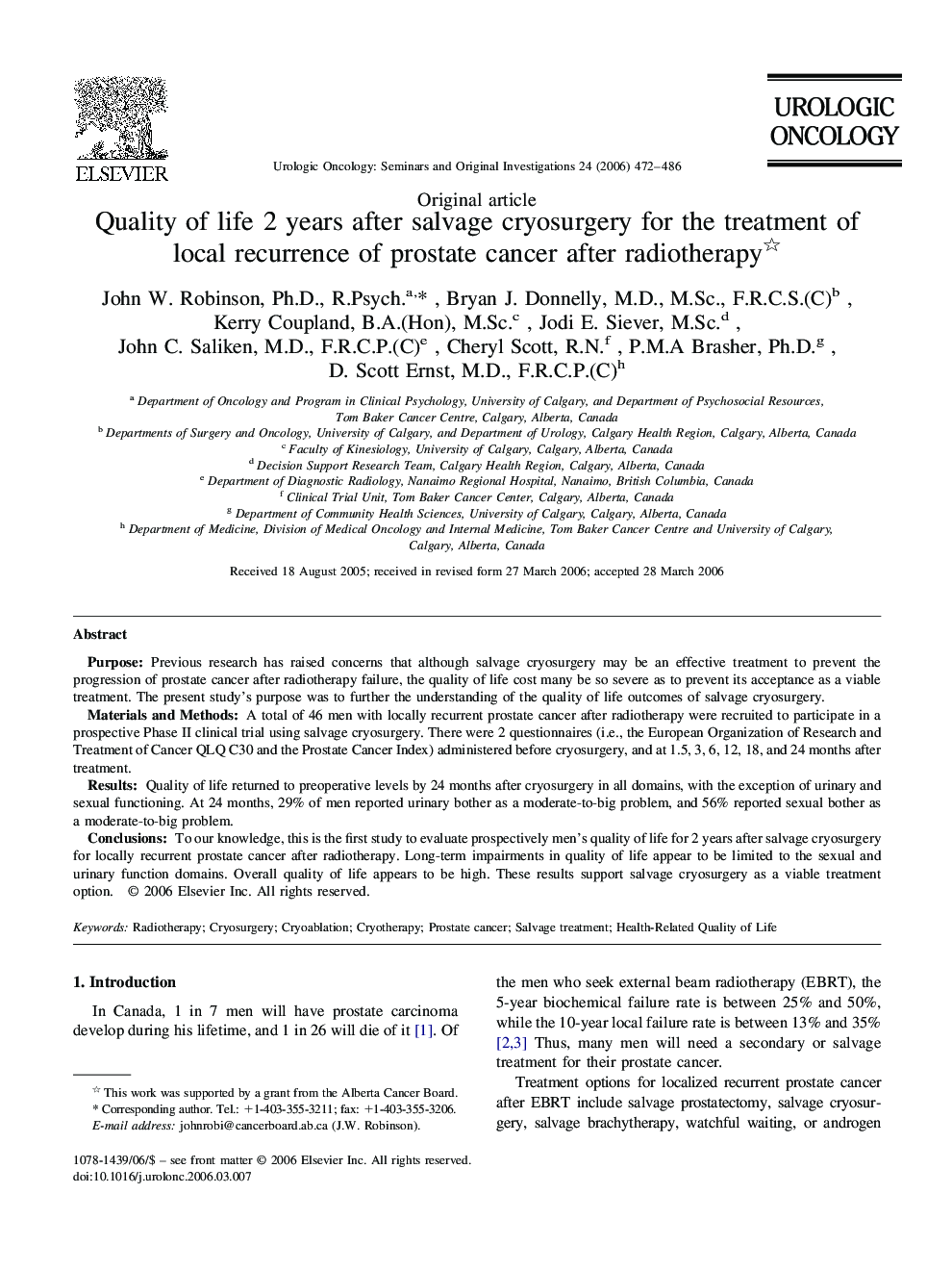 Quality of life 2 years after salvage cryosurgery for the treatment of local recurrence of prostate cancer after radiotherapy