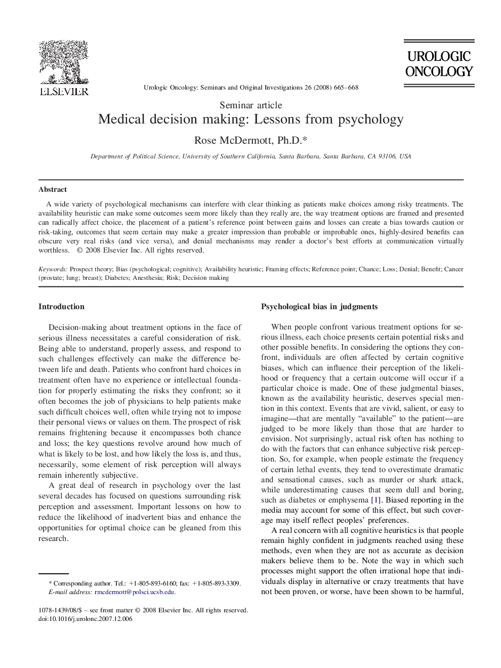 Medical decision making: Lessons from psychology